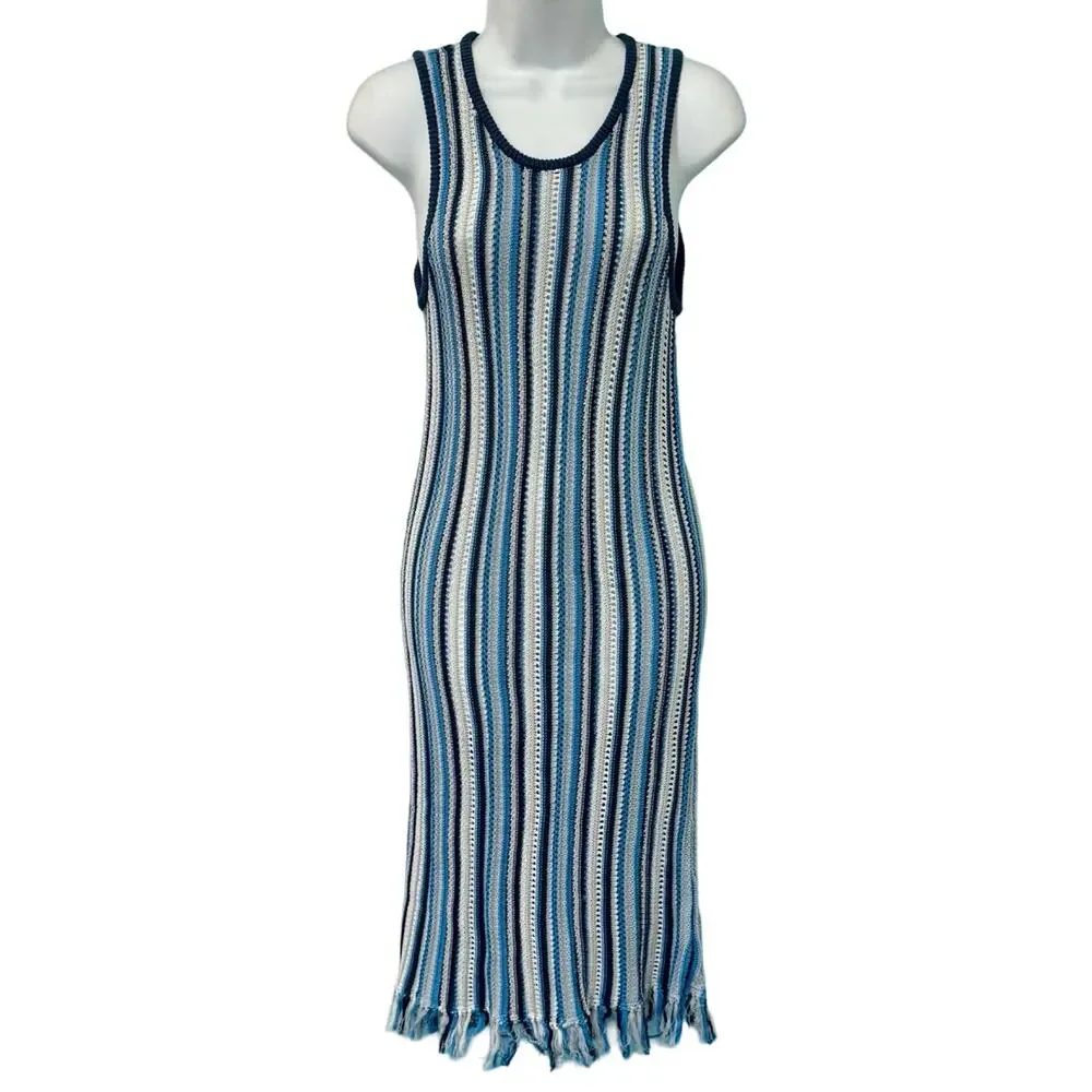 White + Warren Blue White Stripe Mercerized Cotton Fringe Midi Dress XS NEW Tags